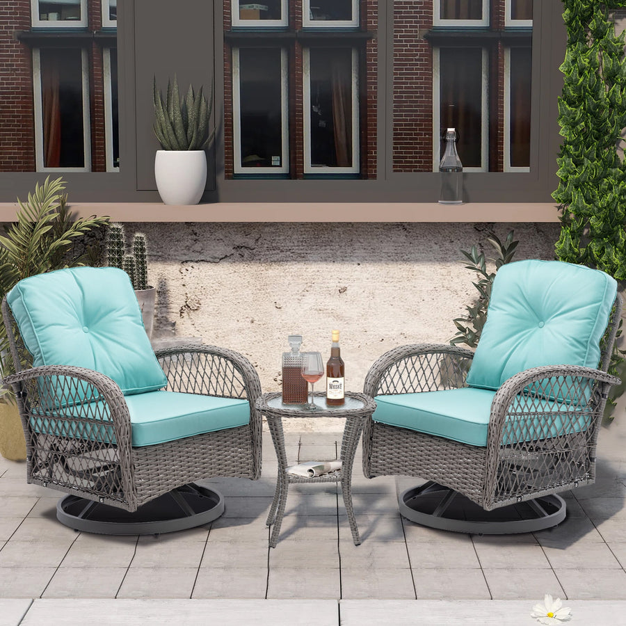 Clearance! Patio Furniture Set, 3 Pieces Rattan Wicker Outdoor Swivel Glider Rocker w/Table and Cushions, Cyan