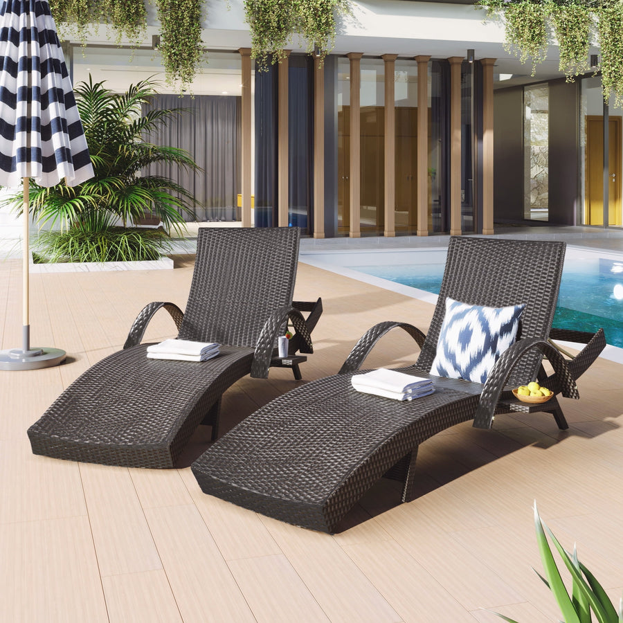 Pool Lounge Chair Set of 2, Outdoor Wicker Rattan Chaise Lounge with Pull-out Side Table, 4-Position Adjustable Backrest Patio Chairs Recliner Lounger, Dark Brown