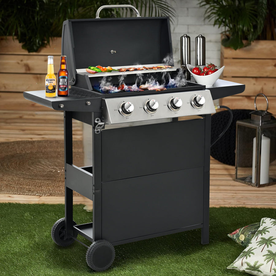 Propane Grill, Smokeless BBQ Grill w/4 Burners & Warming Area, Powerful 34,200BTU Camping Gas Grill on Wheels, Stainless Steel Outdoor Grill with Thermometer