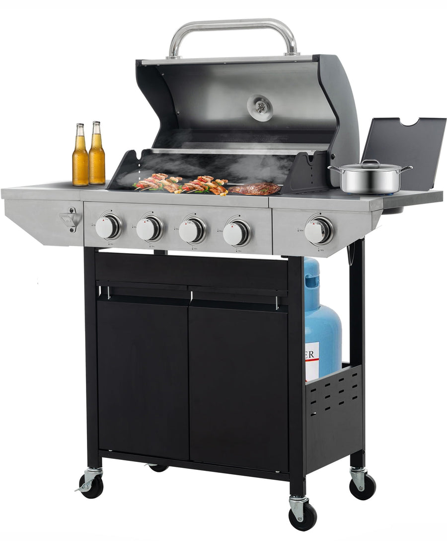 Gas Grill w/Side Burner, 5-Burner Stainless Steel Grill 46,700BTU, Outdoor Patio Camping Barbecue Grill with 4 wheels, Electronic Ignition, Built-in Thermometer