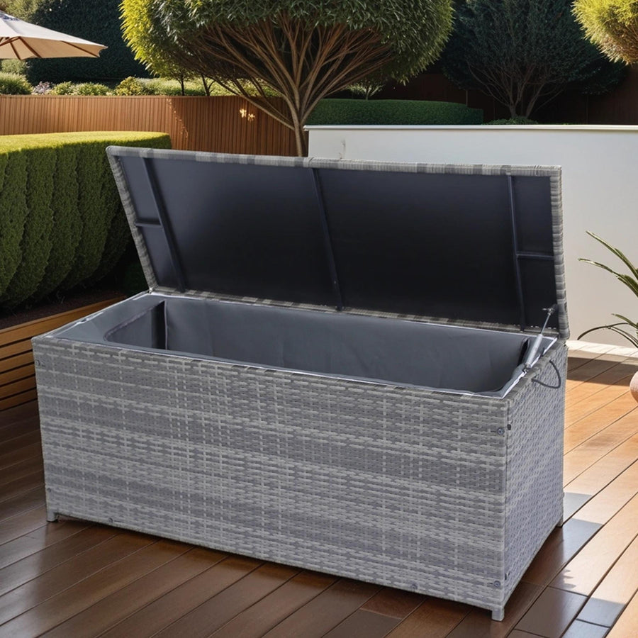 Seizeen 113Gal Outdoor Storage Box, PE Rattan Deck Box for Outside Patio Furniture, Cushions Toys Garden Poolside Storage, Waterproof Lid, Gray