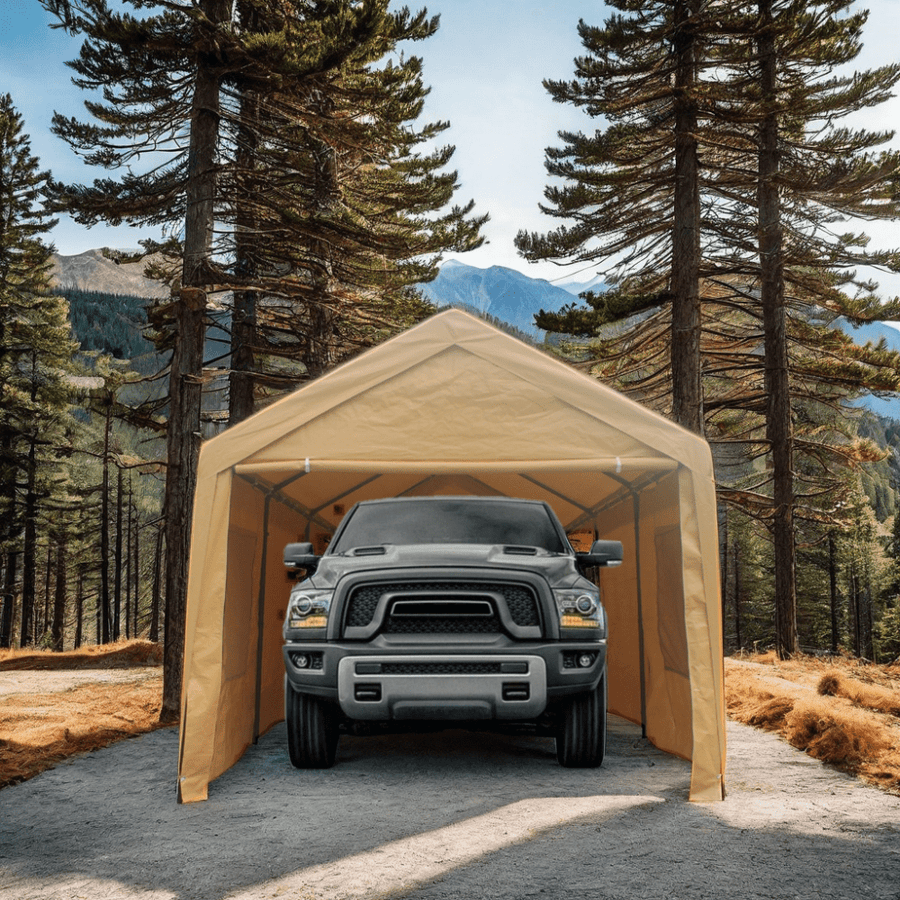 Seizeen 12x20ft Carport, Heavy Duty Portable Garage & Shelter with Removable Sidewall Windows, Multipurpose Canopy Tent for ATV Car Truck Boat, Outside Brown Tent Shed, Door Height 6.56FT