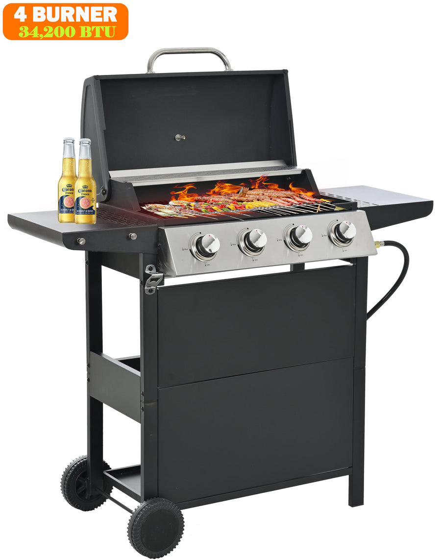 Seizeen 4-Burner Propane Grill, Outdoor Camping Smokeless Grill 34,200BTU, Lid with Thermometer, 430 Stainless Steel BBQ Grill on Wheels, Multifunctional Cooking Area