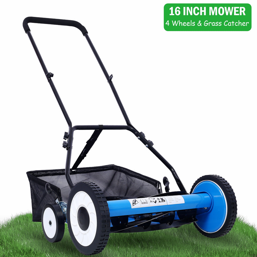 Manual Reel Mower, 16Inch Push Lawn Mower with 5-Blades, Walk-Behind Lawn Mower with 8gal Grass Catcher, 1.3''-2.5'' Height Adjustable, w/2 Training Wheels