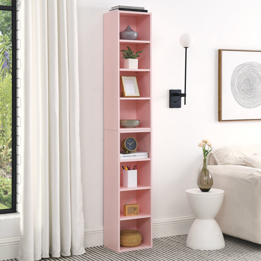 Seizeen 8-Tier Book Shelf, Tall Bookcase Adjustable DVD Shelf, Narrow Storage Cabinet for Home Office Corner Wall, Pink Upper and Lower Combination Cabinets