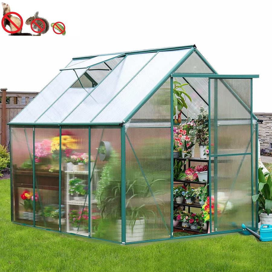 Seizeen 8 x 6FT Greenhouse, Polycarbonate Walk in Green house for Outdoors, Aluminum Farm Mini Greenhouse Kit for Plants Flowers Backyard Garden Lawn