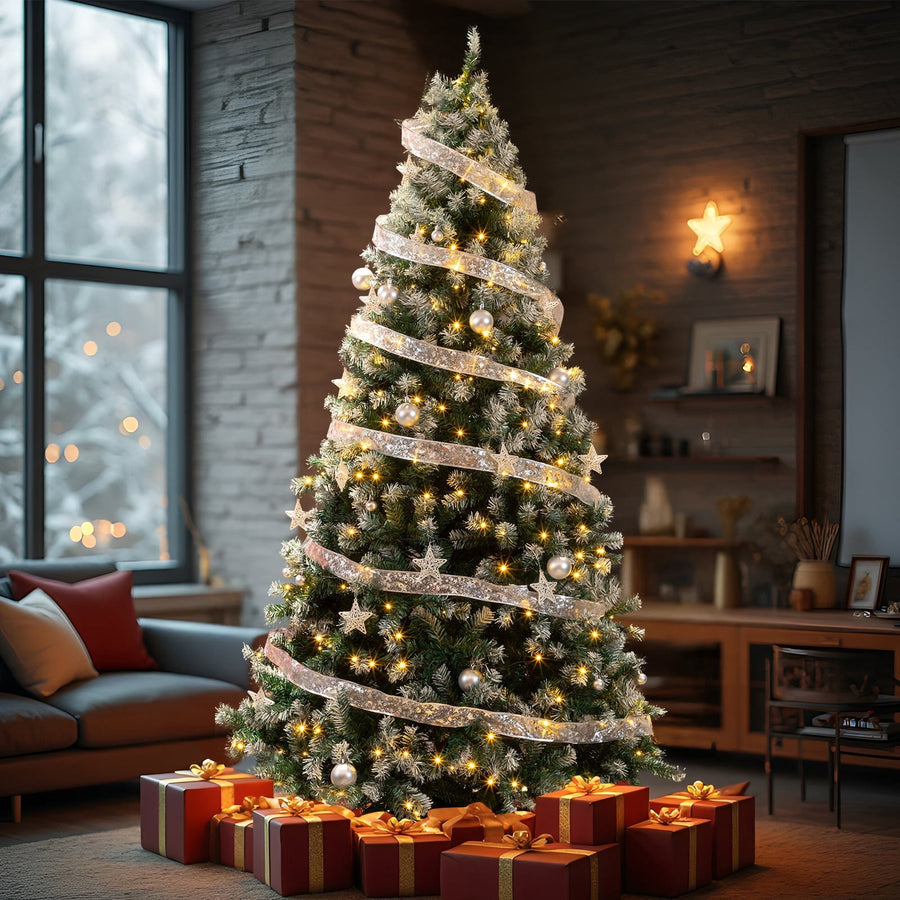 7.5 FT Snow Tipped Artificial Christmas Tree with 350 Warm White LED Lights & Remote, Hinged Xmas Pine Tree with Silver Ribbon Ornaments, Prelit Holiday Tree for Home Office Party Décor