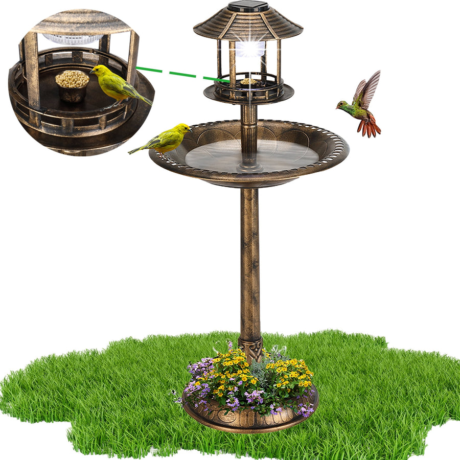 Seizeen Bird Bath Outdoors, 42''H Rustic Garden Birdbaths with Bird Feeder, Garden Decor w/Solar Light & Planter, Bronze