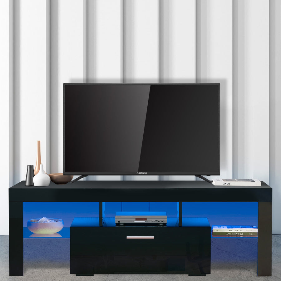 Seizeen Black TV Stand, Modern Led TV Stand Cabinet with 4 Light Modes, TV Console Table for 55 Inch TV with Drawer, Entertainment Center with Adjustable Led Lights