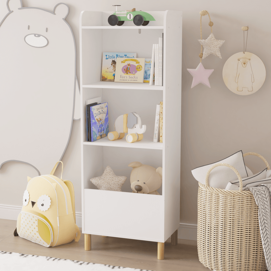 Seizeen Bookcase for Kids, Wooden Kids Bookshelf with 3 Shelves & Toy Storage Cabinet, Boys&Girls Movable Book Rack Toy Storage for Kids Room Library Bedroom