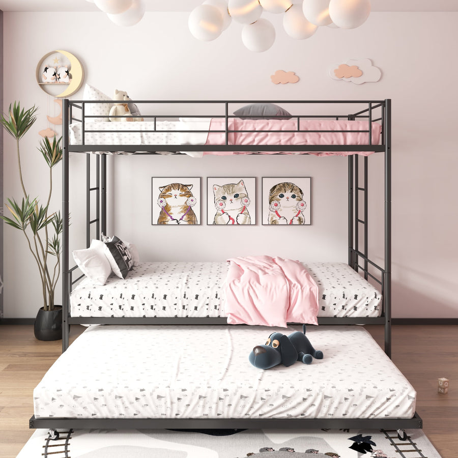 Seizeen Bunk Bed Twin Over Twin, Triple Bunk Bed Sturdy Metal Bed Frame, Black twin over twin Bunk Bed with Trundle for Kids Teens Adults w/Ladders and Rails, No Box Spring Needed