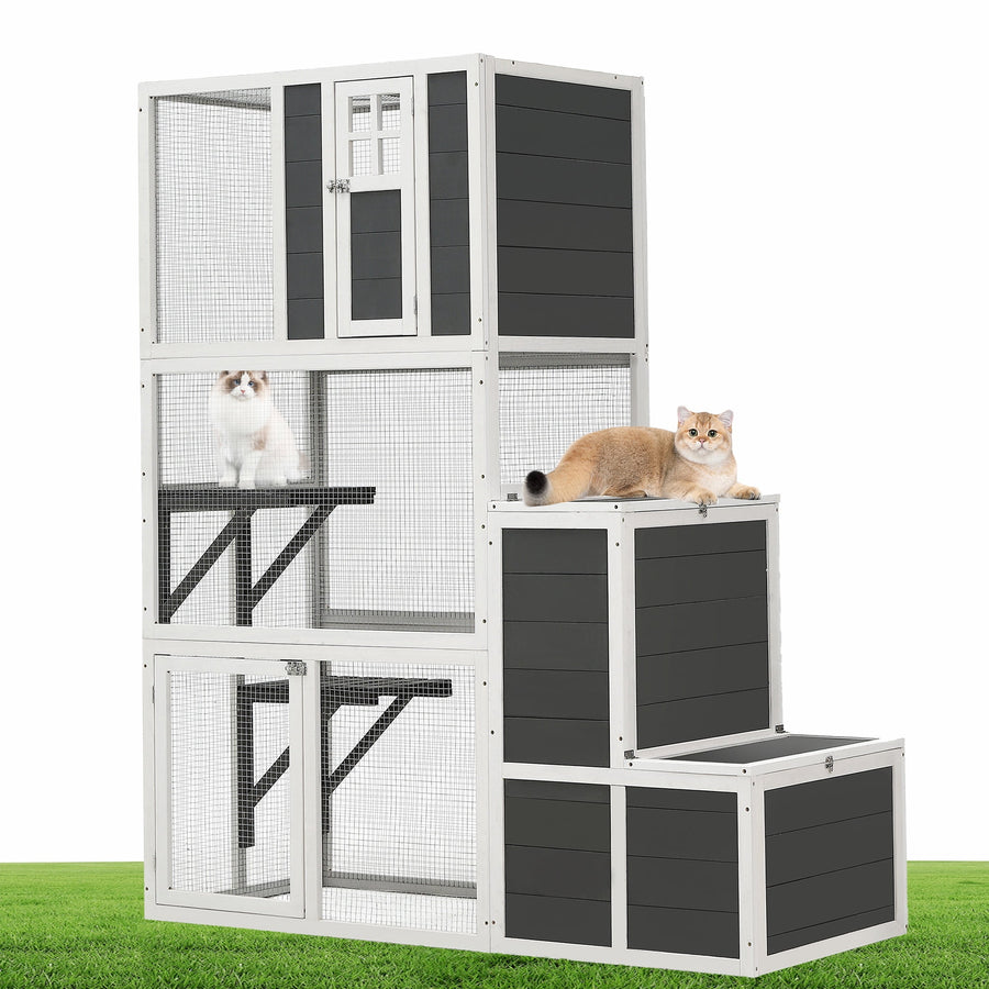 Seizeen Catio Cat House for Outdoor Indoor, Wooden Cat Enclosure Resting Box with Platforms & Jump Box, 3-Tier Cat Cage Kitty House 71''H