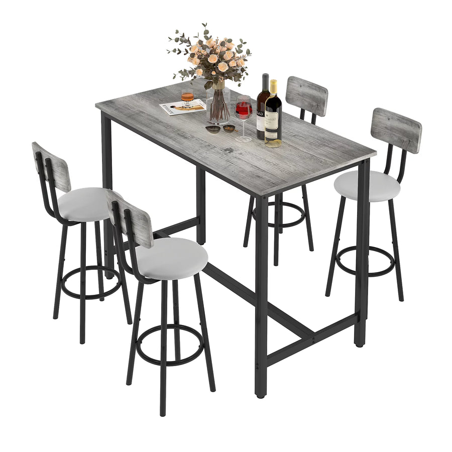 Seizeen Dining Table Set for 4, 5 Piece Counter Height Dining Set with Cushioned Chairs, Pub Table Set with Wood Top and Metal Frame, Kitchen Bar Table Set for Breakfast Nook, Gray