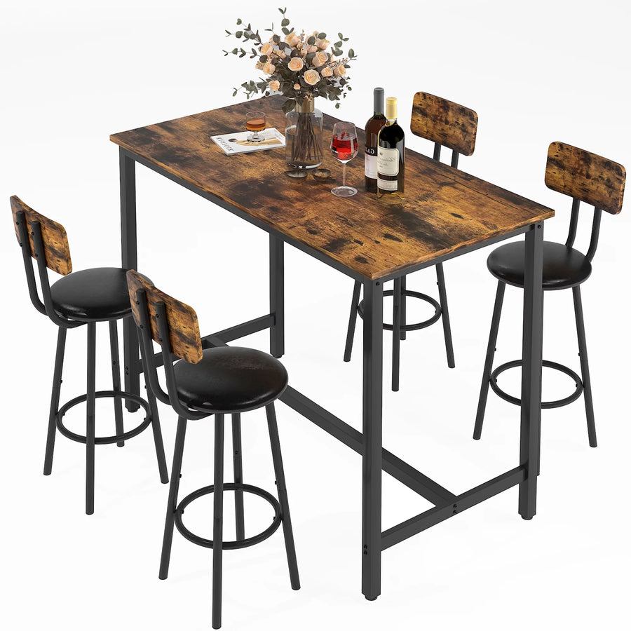 Seizeen Dining Table Set for 4, 5 Piece Counter Height Dining Set with Cushioned Chairs, Pub Table Set with Wood Top and Metal Frame, Kitchen Bar Table Set for Breakfast Nook, Rustic Brown