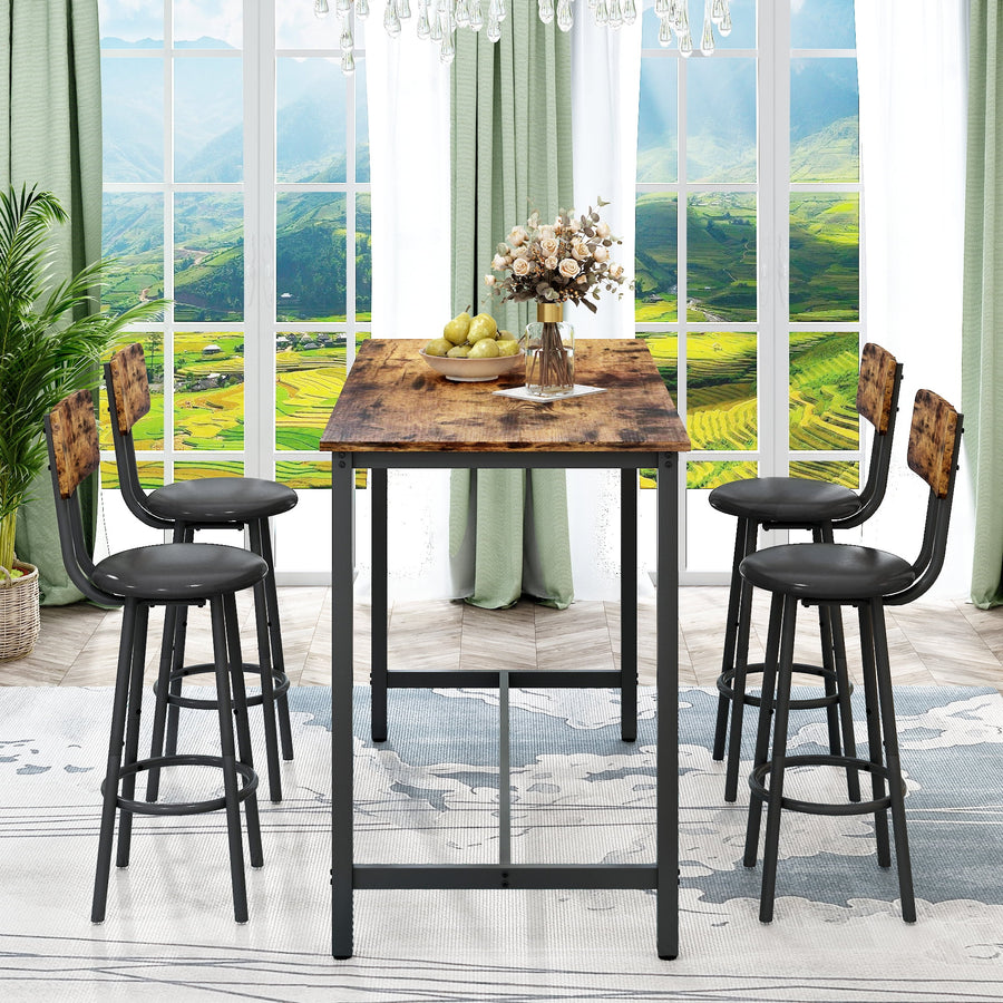 Seizeen Dining Table Set for 4, Rustic Counter Height Table & Chairs for Bistro, Cushioned Bar Table with 4 Backrest Chairs, Dining Room Table Set for Small Space Kitchen Dining Room