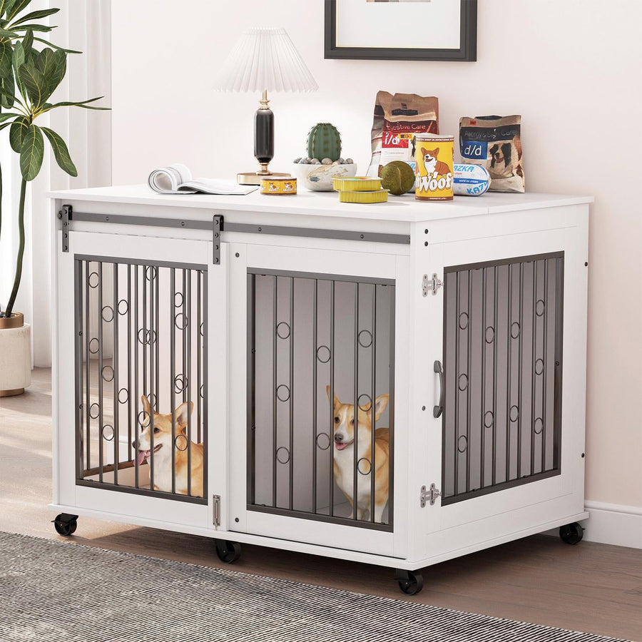 Seizeen Dog Crate, Inside Dog Kennel Furniture, Large Dog Crate Furniture for 2 Dogs with Divider, Sliding Door & Side Door, Fixed Wheels, Openable Top, 43.7''w x 30''d x 33.7''h, White