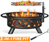 Seizeen Fire Pit with Grill, Metal Fire Pit for Outside Hollow-out Design, Wood Burning Outdoor Fireplace with Poker for Backyard Patio Garden, 30"