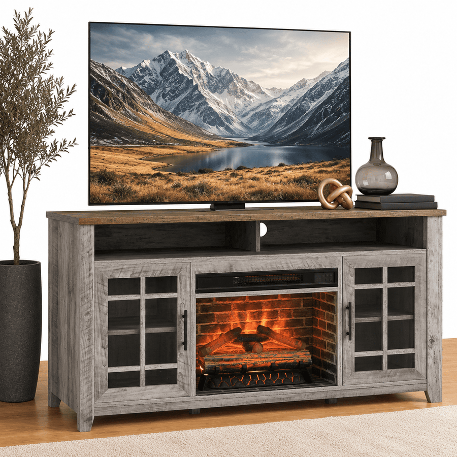 Fireplace TV Stands for Living Room, Multifunctional TV Console With 18'' Fireplace, Retro Entertainment Center for Bed, Multi-color 3D Flame, 62-82℉ Heating Only Mode, Timer