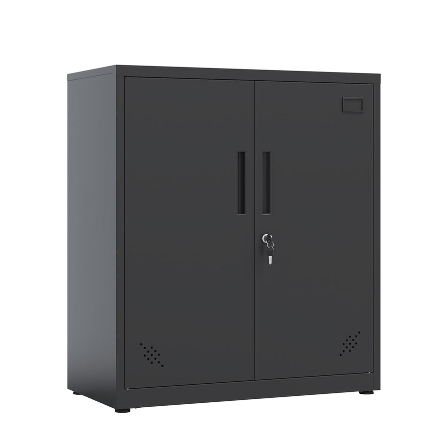 Seizeen Garage Storage Cabinet, Metal File Cabinet with Doors and Shelves, Lockable Tool Storage Cabinet Adjustable, 2-Tier Shelves, Black