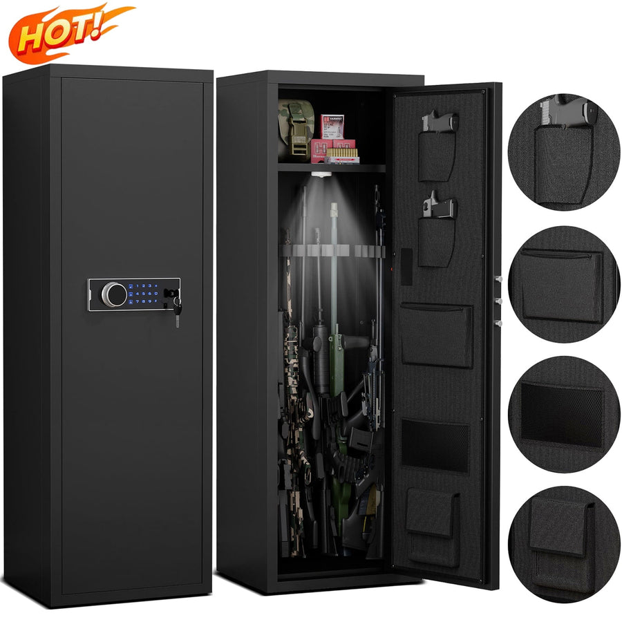 Seizeen Gun Safe, Large Digital Keypad Gun Storage Cabinet w/Alarm System & Light, 5-8 Gun Rifle Cabinet with Lockable Top Box, Adjustable Shelf, Side Bags for Shotgun, Pistols