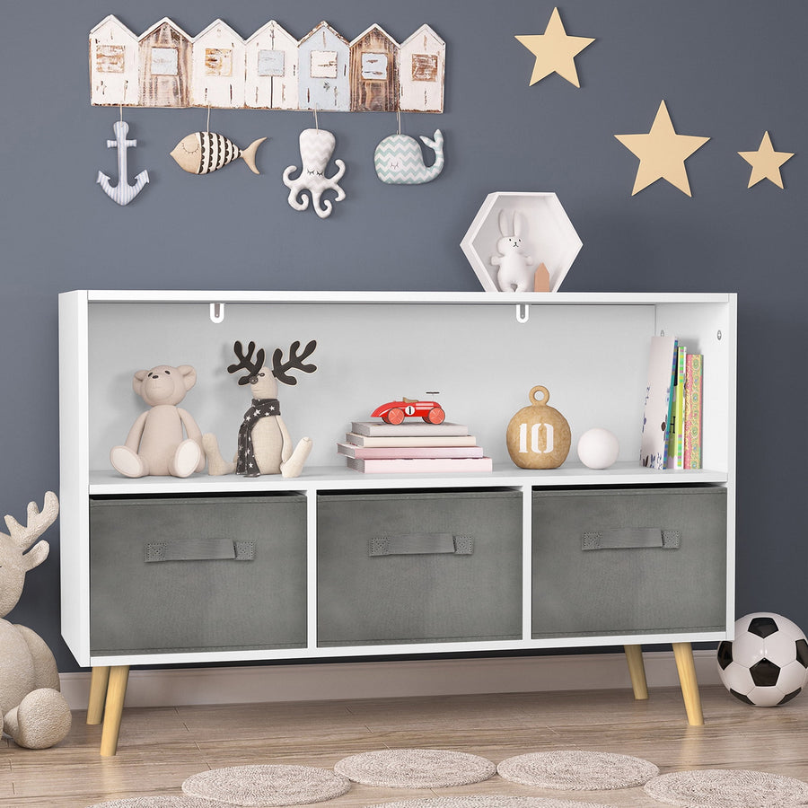 Seizeen Kids Bookshelf and Toy Storage, 35''L x 24''H Wall Bookcase for Kids Room Furniture with 3 Fabric Drawers, Wooden Raised Toy Box and Storage Display Shelf, Gray