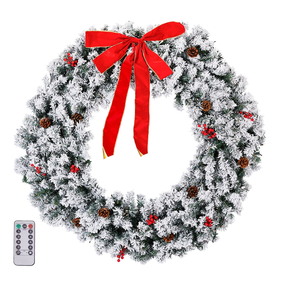 48'' Pre-Lit Artificial Christmas Wreath, Christmas Door Decorations Wreath with 150 LED Warm Lights, Garden Wreath Décor with 450 Branches, Ornament