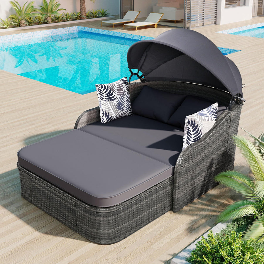 Seizeen Outdoor Daybed with Canopy, Patio Loveseat Sofa Sunbed with Cushions & Pillows, Wicker Rattan Sofa Set for 2, Backyard Porch Pool Furniture Double Lounge