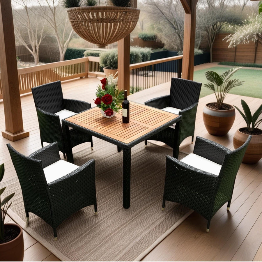 Seizeen Outdoor Dining Table Set 5 Pieces, Patio Rattan Dining Table & Chair w/ Wooden Top & Padded Cushions, Deck Furniture Conversation Set for Garden Porch Backyard