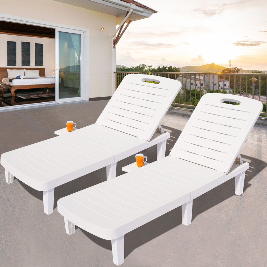 Seizeen Outdoor Lounge Chairs, 2Pcs Chaise Lounge Set W/Cup Holder, Resin Pool Lounger Chairs 5 Angles Adjustable, Patio Furniture Chair Set for Deck Porch Backyard Garden, White