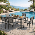 Outdoor Dining Table & Chairs, Patio Dining Sets with 6 Stackable Textilene Armchairs, All-Weather Plastic Furniture Dining Set Steel Frame and Wood Grain Top Table