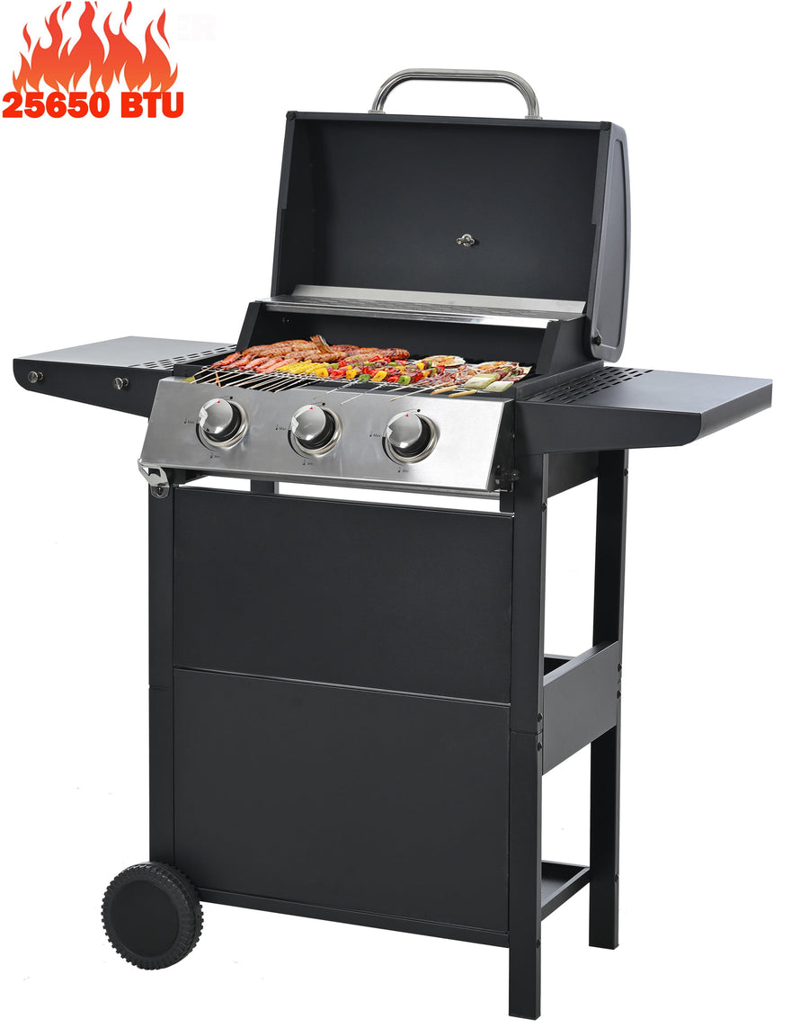 25650BTU Powerful Propane Gas Grill, 3 Burners BBQ Grill for Outdoor, Camping Grill 430 Stainless Steel, One-button Ignition System, Thermometer, 2 Wheels