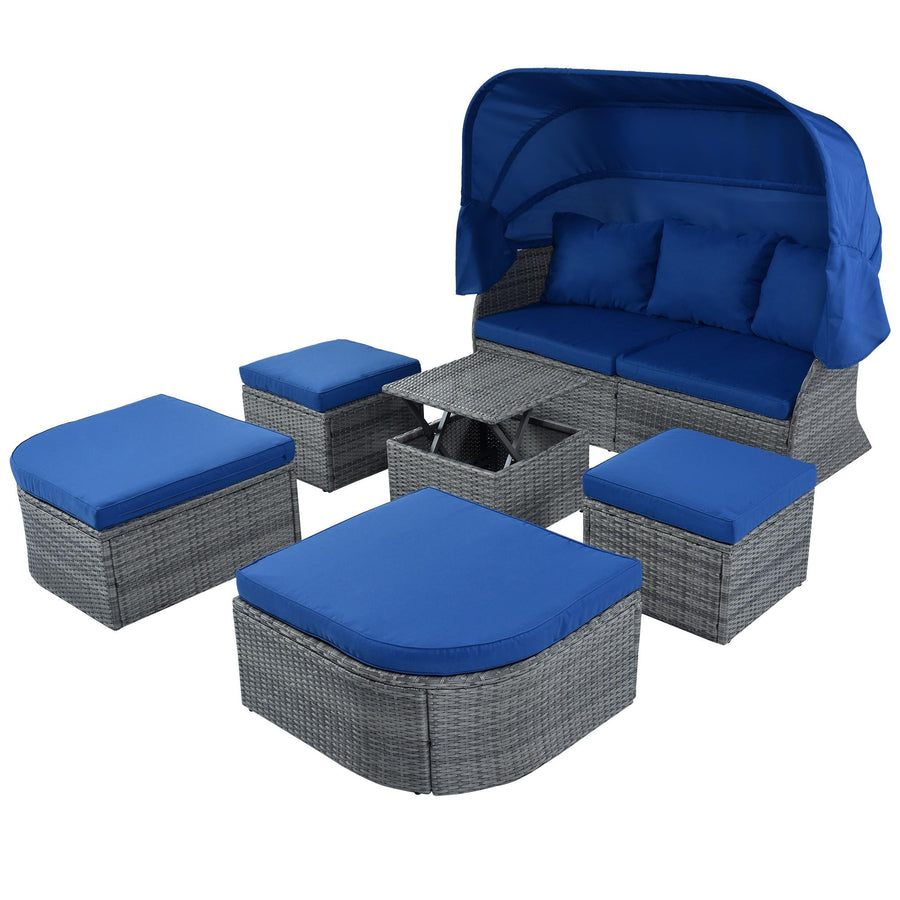 Seizeen Patio Daybed with Canopy, 6pcs PE Rattan Sectional Daybed for Outdoor Poolside Deck, Cushioned Conversation Sofa Set with Coffee Table, Gray Rattan & Blue Cushion