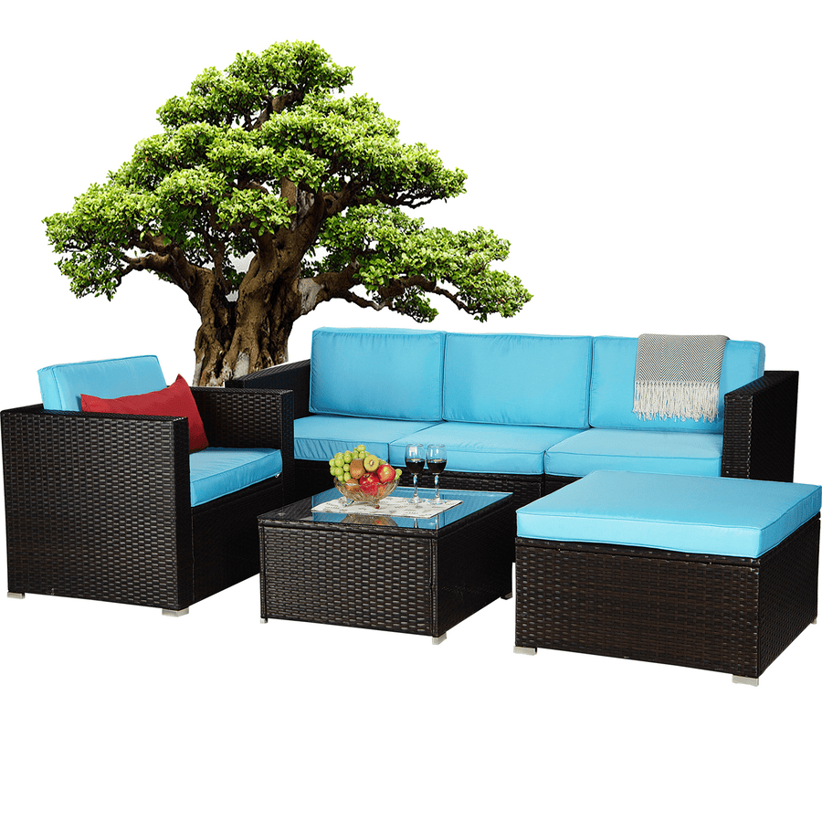 3 Pieces Outdoor Furniture Set, Seizeen Patio Furniture Set w/Rattan Swivel Rocker, Cushioned Porch Bistro Set with Glass Table, 3.5¡¯¡¯T Cyan Cushions