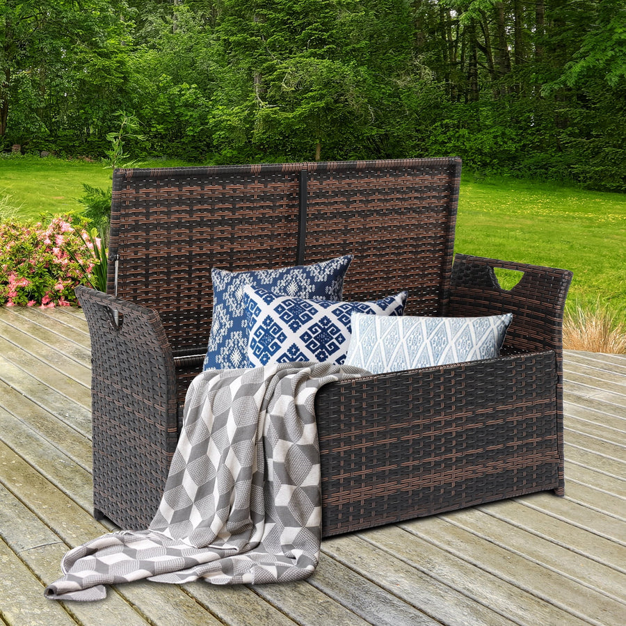 Seizeen Patio Storage Bench, Outdoor Wicker Deck Box, PE Rattan Patio Storage Furniture with All-Weather Zippered Cushion, Brown, 41.7inch