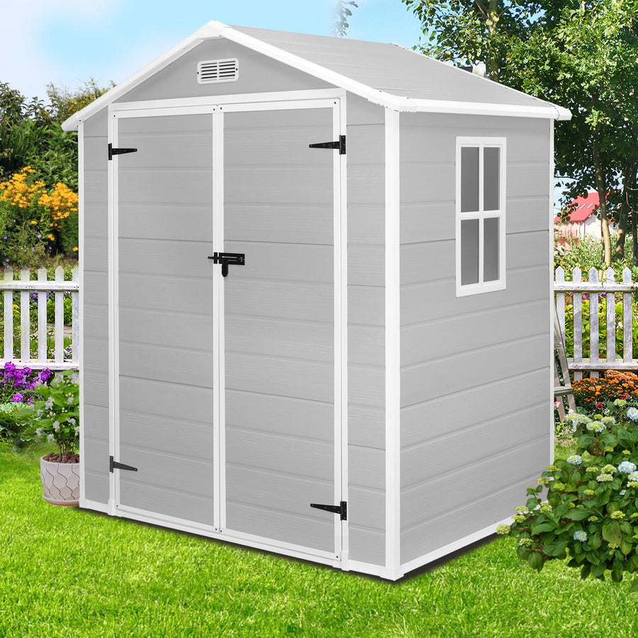 Seizeen Plastic Shed with Floor, 6 x 4.4FT Sloped Top Outdoor Storage Shed, Quick Assembly Resin Shed with Window, All-Weather Garden Tool Shed Lockable