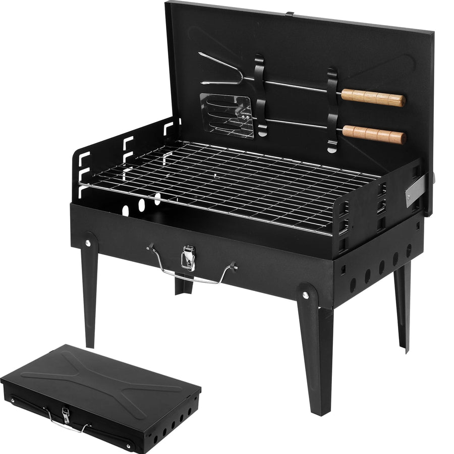 Seizeen Portable Charcoal Grill, Outdoor Camping BBQ Grill Tabletop Use, 17.32'' Square Grill with Lid, Grilling Mesh, Spit, Spatula, 4 Folding Legs Design