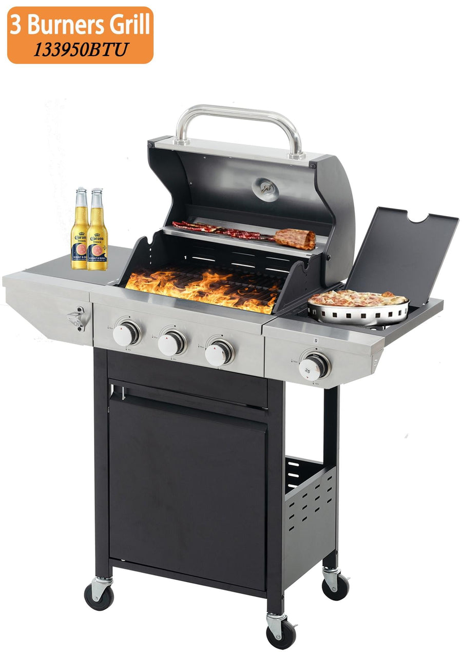 Seizeen Propane Gas Grill, 3 Burners BBQ Grill with Side Burner, Outdoor Camping Grill 430 Stainless Steel, 133950BTU, One-button Ignition System, Thermometer, 4 Wheels