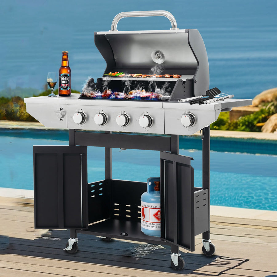 Seizeen Propane Gas Grill w/Side Burner, 5-Burner Stainless Steel Grill 46,700BTU, Outdoor Patio Camping Barbecue Grill with 4 wheels, Electronic Ignition, Built-in Thermometer