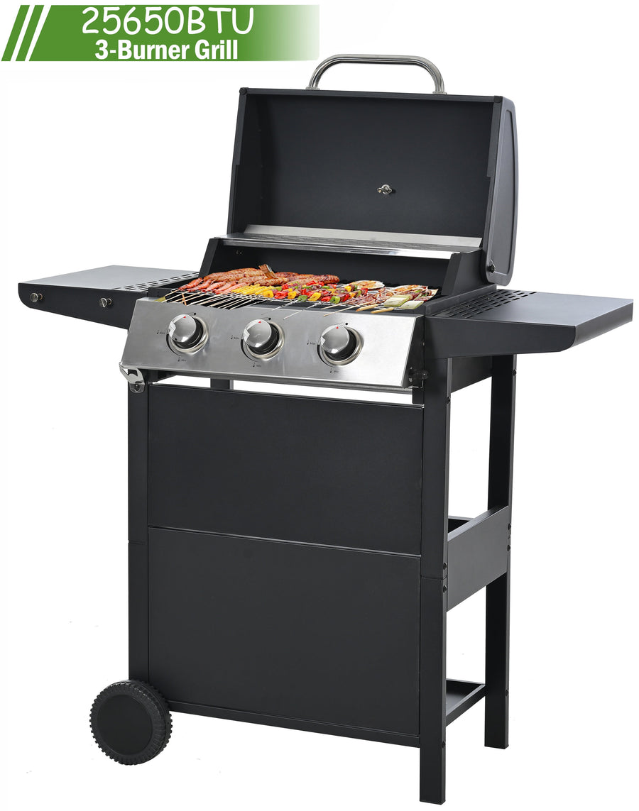 Seizeen 3-Burner Propane Gas Grill, 25650BTU Stainless Steel Grill on Wheels, Outdoor Patio Camping Barbecue Grill w/Side Table, Electronic Ignition, Built-in Thermometer