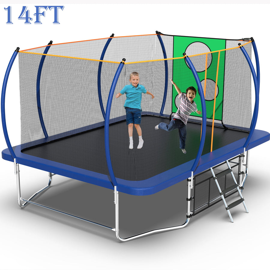 Seizeen Rectangular Trampoline for Kids and Adults, 8FT x 14FT Trampoline with Enclosure & Football Target Cloth, Pumpkin Outdoor Trampoline Anti-collision Curved Pole Design