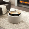 Seizeen Storage Ottoman with Tray, Round Storage Coffee Table with Wood Tray, Gray