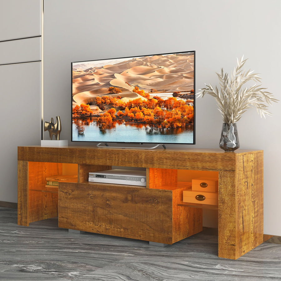 Seizeen TV Stand for 55in TV, Modern Entertainment Center with LED Lights, Media Console TV Cabinet W/ 3 Storage Shelves & 1 Cabinets, Walnut