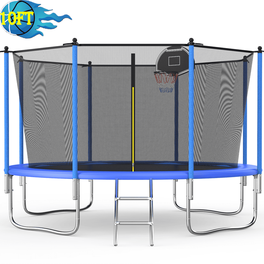 Seizeen Trampoline for Kids - 10FT Outdoor Trampoline with Enclosure&Hoop, All-Weather Steel Trampoline with 4 Heavy-Duty Support & Thickened Spring Pad, Large Trampoline for 3-5 Kids