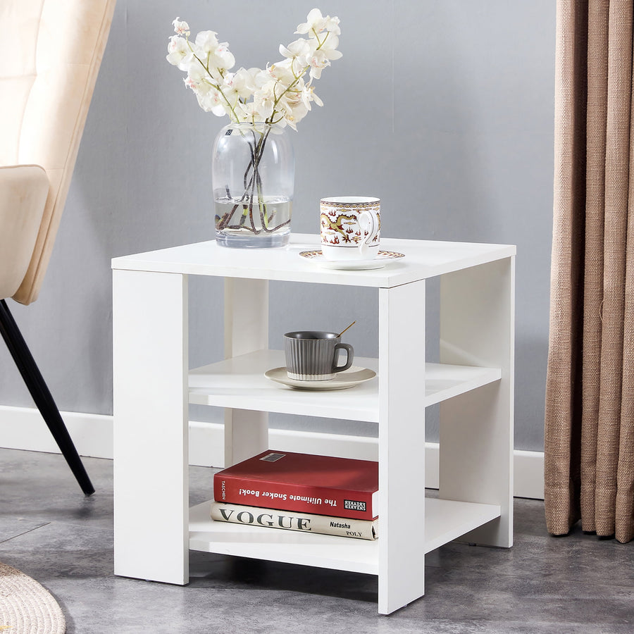 Square Nightstand, Seizeen 3-tier Wood Side End Table with Shelves, Corner Sofa Side Table for Bedroom Living Room, White