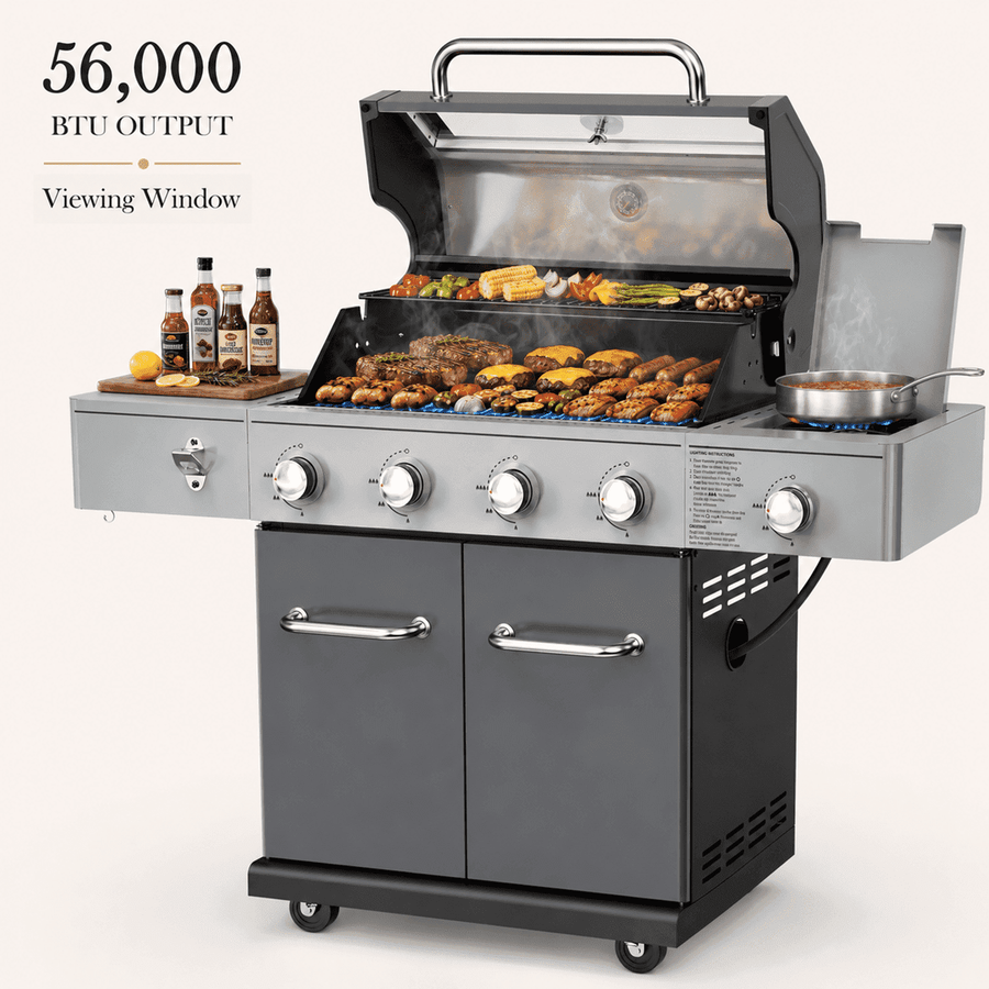 Seizeen 56,000 BTU Outdoor BBQ Grill, 4-Burner Propane Gas Grill with Side Burner w/ Lid Viewing Window, Multifunctional Grill w/Cast Iron Grate, Built-in Thermometer, Warming Rack for Patio Backyard