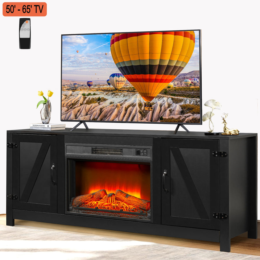 TV Stand with Fireplace, 58"L Farmhouse TV Stand with Electric Fireplace Remote Adjust Temperature, Wood Fireplace Entertainment Center TV Console for 65" TVs, Black