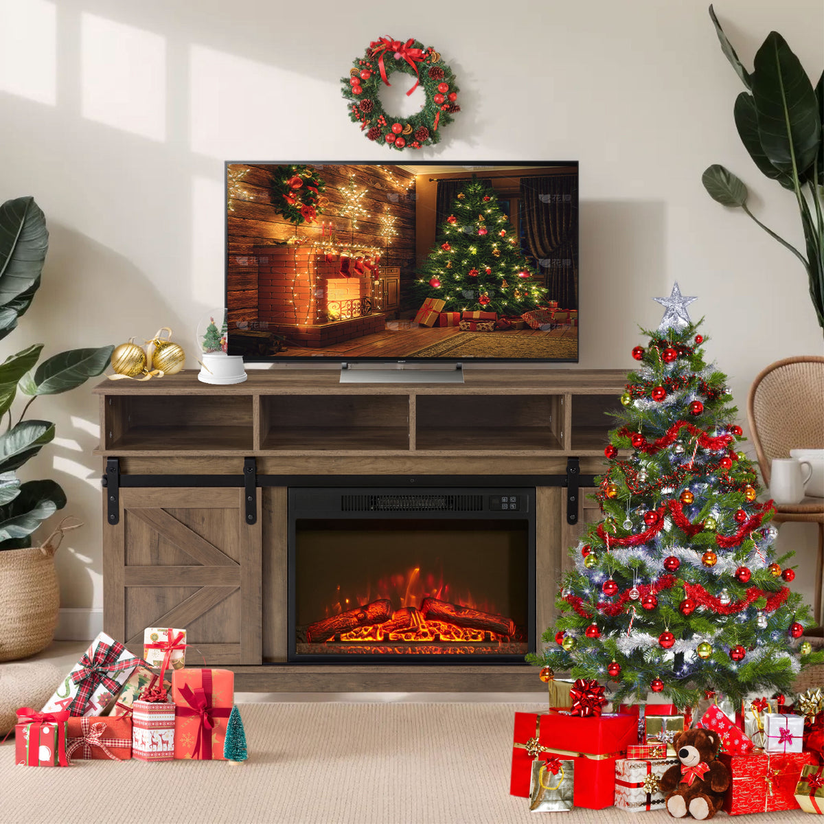 TV Stand with Fireplace for 65''TV, Farmhouse Entertainment Center TV ...