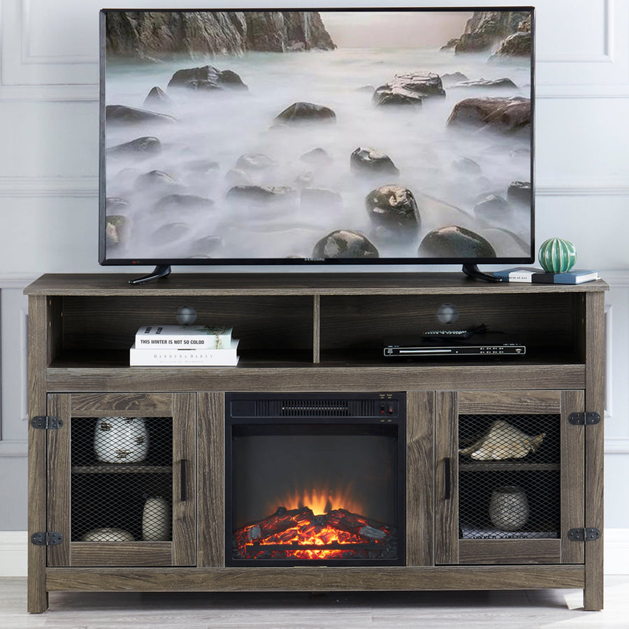 TV Stand with Fireplace, Seizeen Wood Electric Fireplace TV Stand with Remote Control, Storage Cabniet with Doors, Fireplace Heater Entertainment Center for TV's Up to 65",  Gray