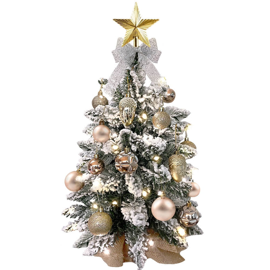 Tabletop Christmas Tree with Light, 2FT Small White Artificial Christmas Decoration Tree with Flocked Snow, Rich Decor & Xmas Ornaments for Home & Office, Gold