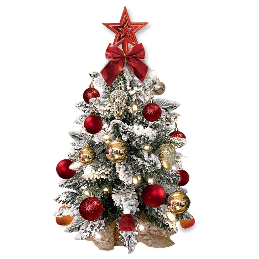 Tabletop Christmas Tree with Light, 2FT Small White Artificial Christmas Decoration Tree with Flocked Snow, Rich Decor & Xmas Ornaments for Home & Office, Red